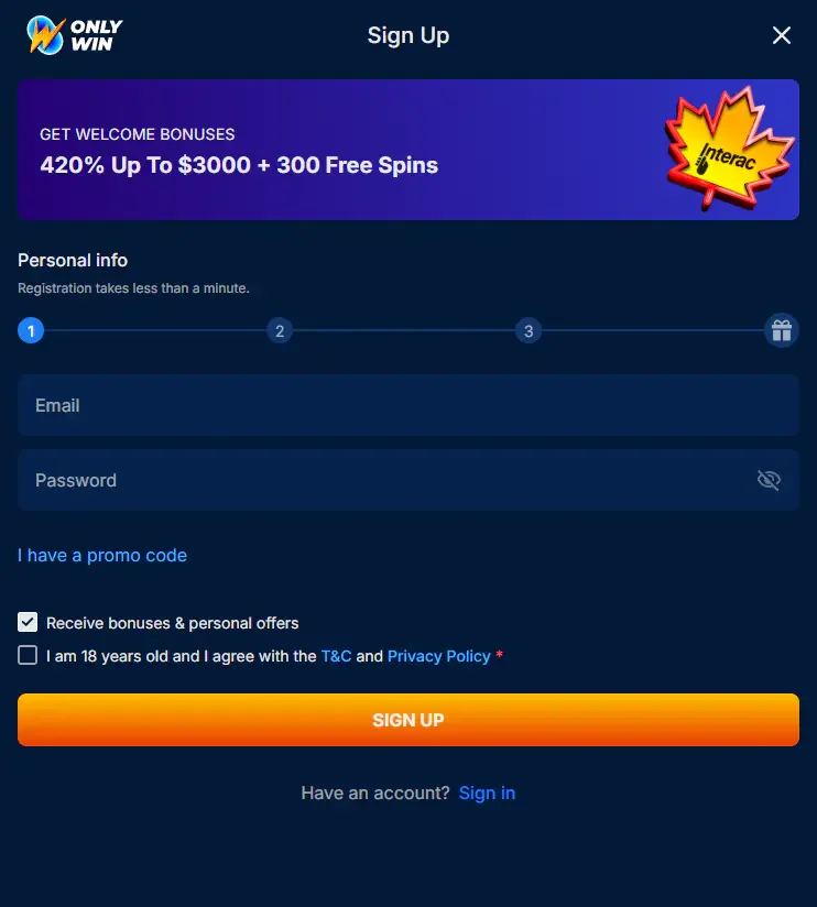 OnlyWin Sign Up